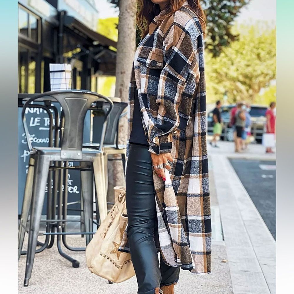 Women's Lounge Lapel Button Down Plaid Jacket Long Shirt Shacket Flannel - Picture 1 of 6